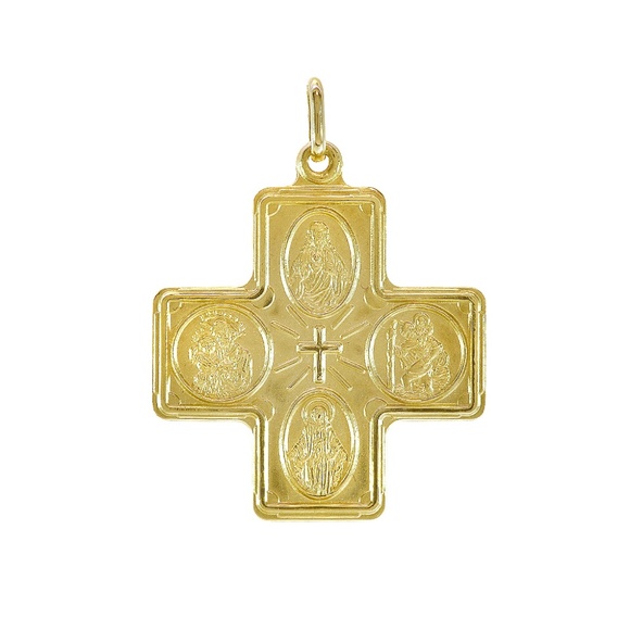 14K Yellow Gold Four Way Religious Cross Medal Pendant - Picture 1 of 4